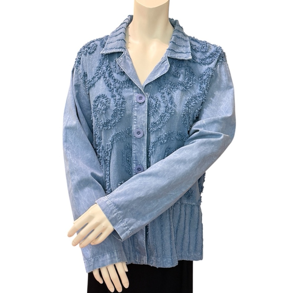 VINTAGE Women’s Produce Company Blue Chenille Textured Swirl Jacket / Top ~ XL